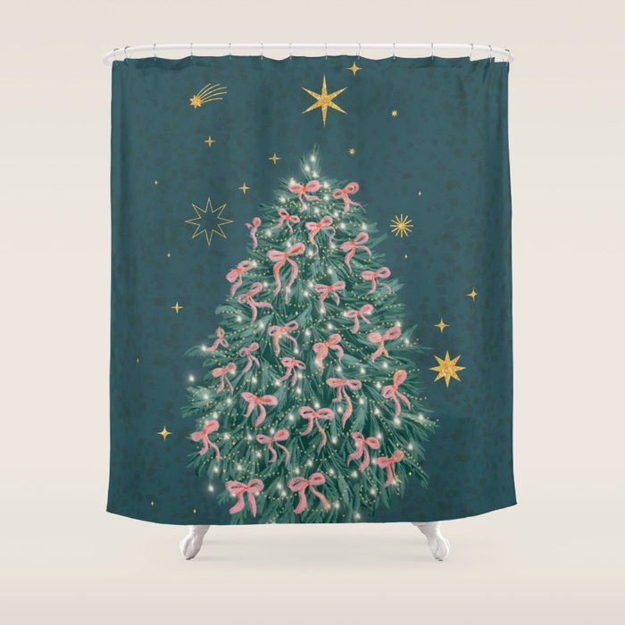Elegant Christmas Tree with Pink Bows and Golden Stars on Deep Teal Shower Curtain Gallery Image 1