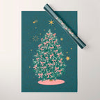 Elegant Christmas Tree with Pink Bows and Golden Stars on Deep Teal Wrapping Paper Gallery Image 1