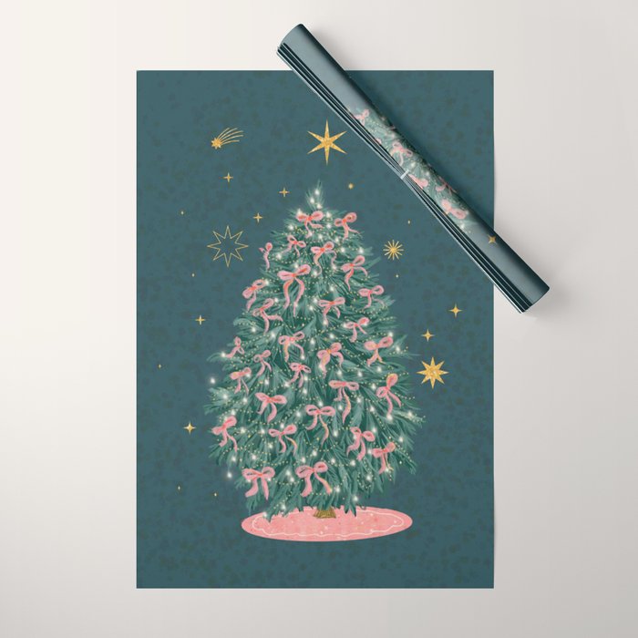 Elegant Christmas Tree with Pink Bows and Golden Stars on Deep Teal Wrapping Paper Gallery Image 1