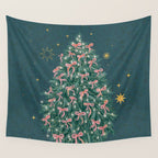 Elegant Christmas Tree with Pink Bows and Golden Stars on Deep Teal Wall Tapestry Gallery Image 4