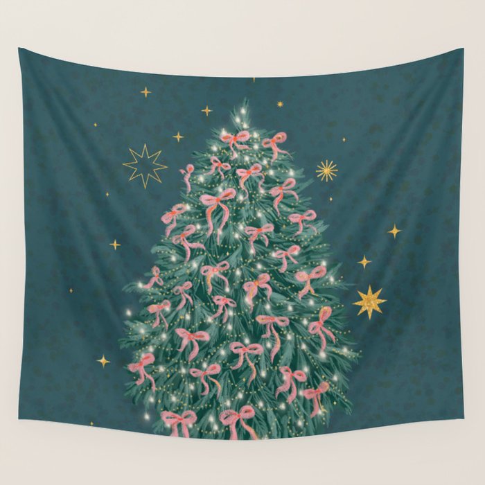 Elegant Christmas Tree with Pink Bows and Golden Stars on Deep Teal Wall Tapestry Gallery Image 4