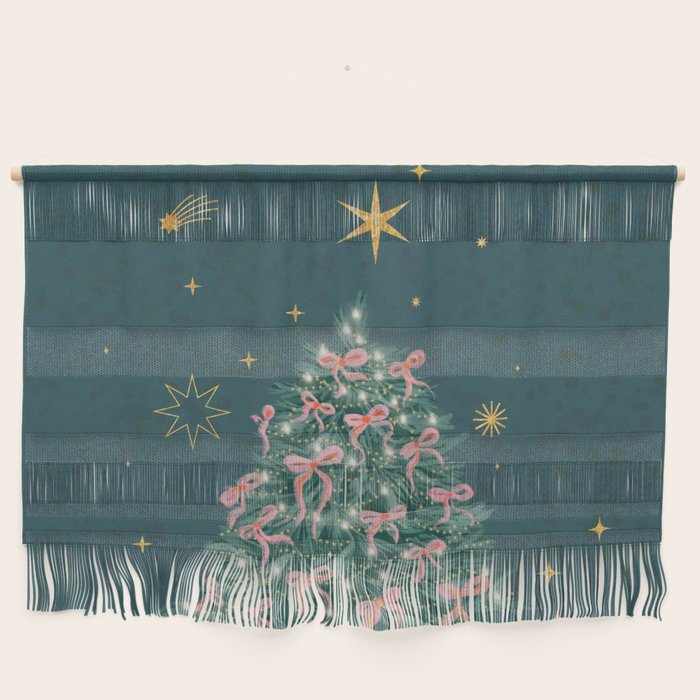 Elegant Christmas Tree with Pink Bows and Golden Stars on Deep Teal Wall Hanging Gallery Image 1