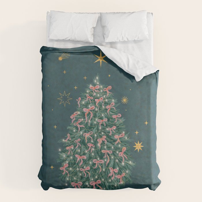 Elegant Christmas Tree with Pink Bows and Golden Stars on Deep Teal Duvet Cover Gallery Image 1