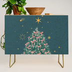 Elegant Christmas Tree with Pink Bows and Golden Stars on Deep Teal Credenza Gallery Image 1