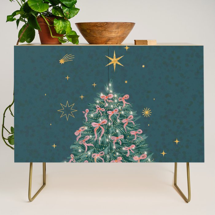 Elegant Christmas Tree with Pink Bows and Golden Stars on Deep Teal Credenza Gallery Image 1
