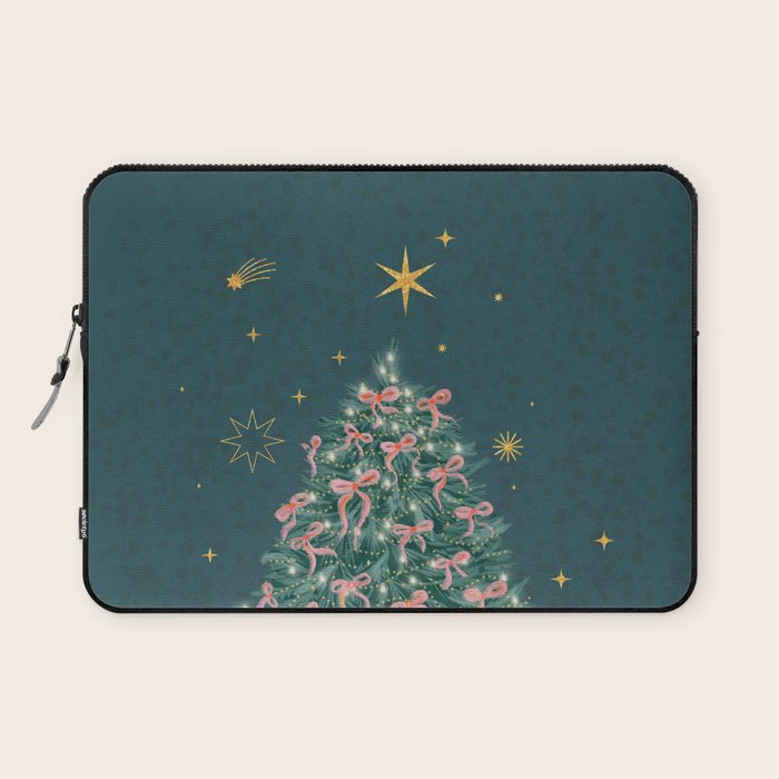Elegant Christmas Tree with Pink Bows and Golden Stars on Deep Teal Laptop Sleeve Gallery Image 1