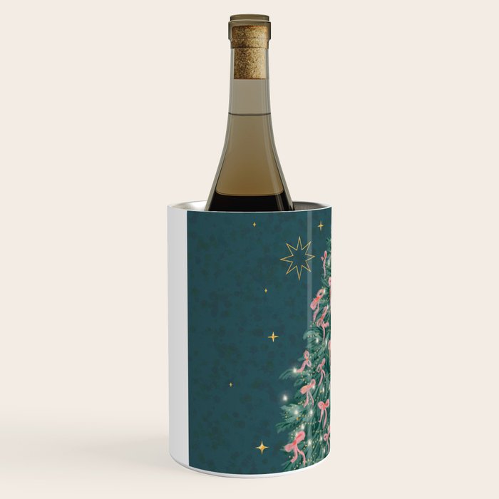 Elegant Christmas Tree with Pink Bows and Golden Stars on Deep Teal Wine Chiller Gallery Image 2