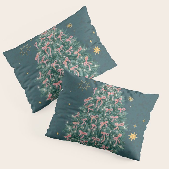 Elegant Christmas Tree with Pink Bows and Golden Stars on Deep Teal Pillow Sham Gallery Image 1