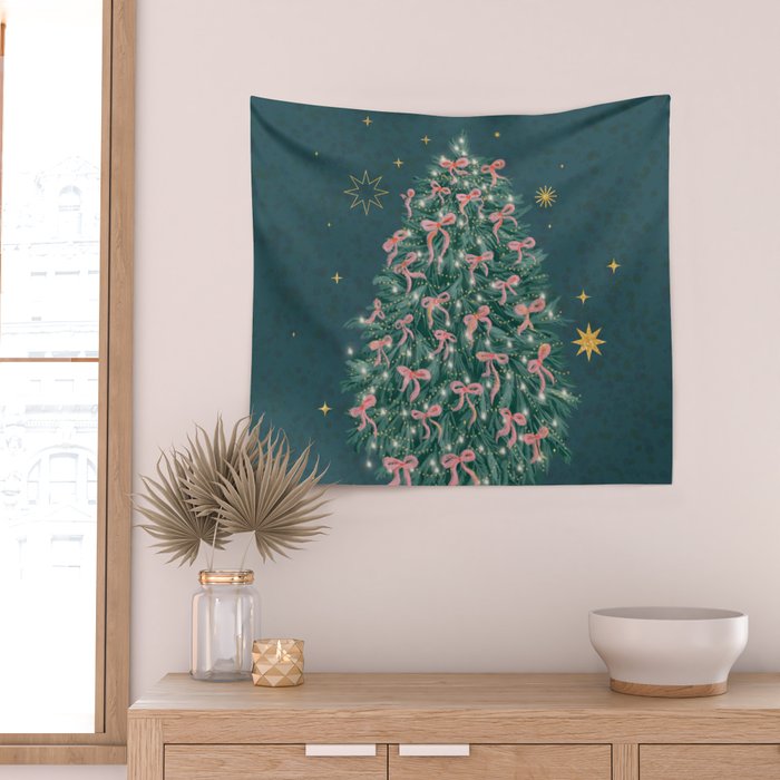 Elegant Christmas Tree with Pink Bows and Golden Stars on Deep Teal Wall Tapestry Gallery Image 2