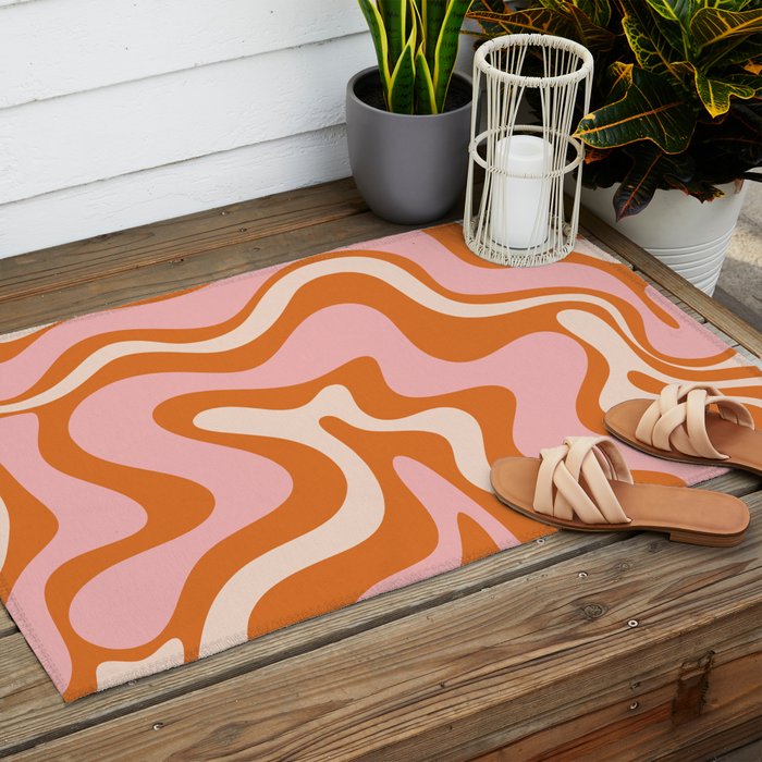 Retro Liquid Swirl Abstract Pattern Pink Orange Cream Outdoor Rug Gallery Image 2
