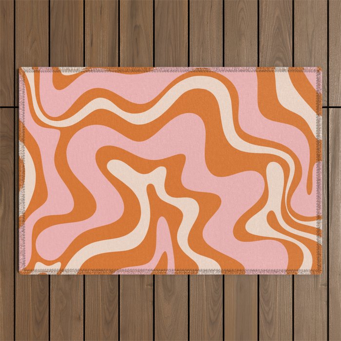 Retro Liquid Swirl Abstract Pattern Pink Orange Cream Outdoor Rug Gallery Image 1
