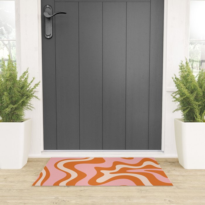 Retro Liquid Swirl Abstract Pattern Pink Orange Cream Welcome Mat Gallery Image 3