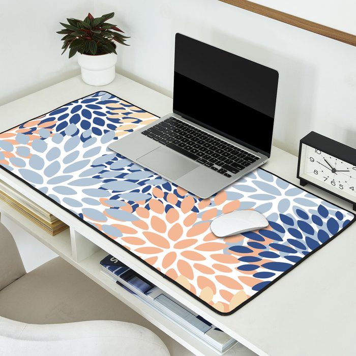 Festive, Floral Print, Coral, Peach, Light Blue, Navy Desk Mat Gallery Image 2