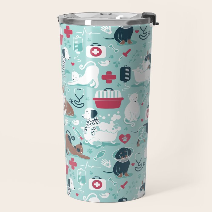 Veterinary medicine, happy and healthy friends // aqua background Travel Mug Gallery Image 2