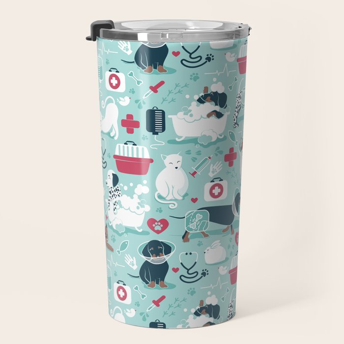 Veterinary medicine, happy and healthy friends // aqua background Travel Mug Gallery Image 3