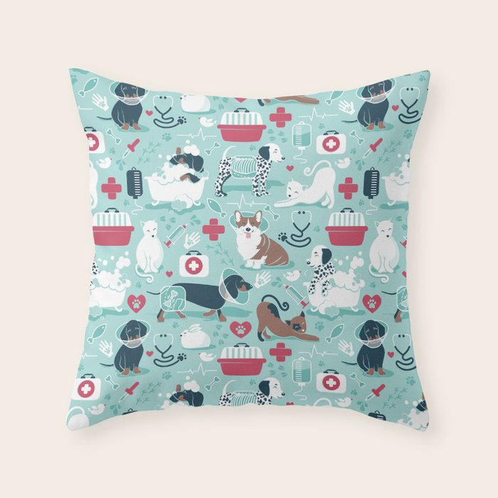 Veterinary medicine, happy and healthy friends // aqua background Throw Pillow Gallery Image 6