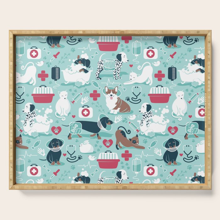 Veterinary medicine, happy and healthy friends // aqua background Serving Tray Gallery Image 1