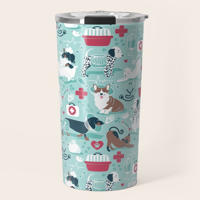 Veterinary medicine, happy and healthy friends // aqua background Travel Mug Gallery Image 1
