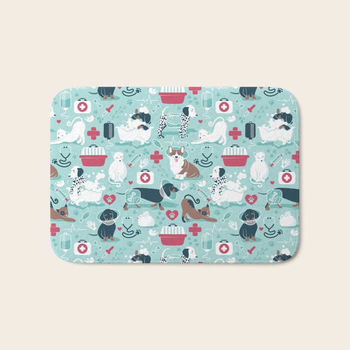Veterinary medicine, happy and healthy friends // aqua background Bath Mat Gallery Image 1