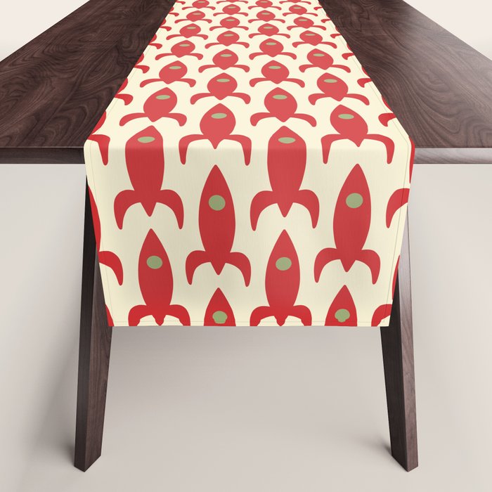 Little Rockets Retro Mid Mod Pattern in Red, Light Olive Green, and Cream Table Runner Gallery Image 1