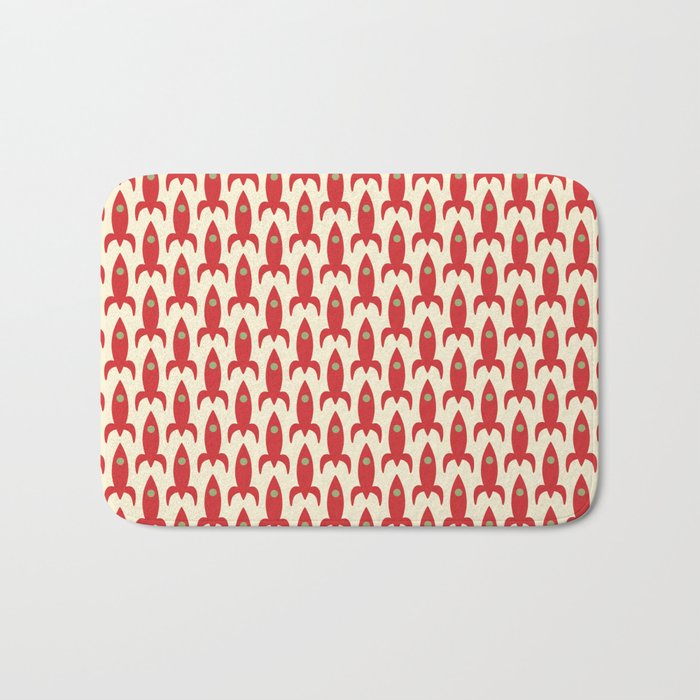 Little Rockets Retro Mid Mod Pattern in Red, Light Olive Green, and Cream Bath Mat Gallery Image 1