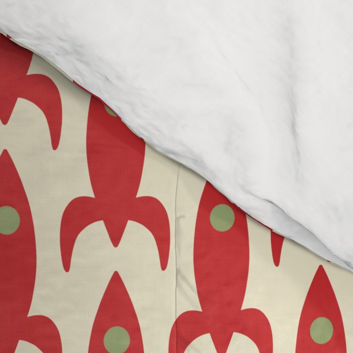 Little Rockets Retro Mid Mod Pattern in Red, Light Olive Green, and Cream Comforter Gallery Image 4
