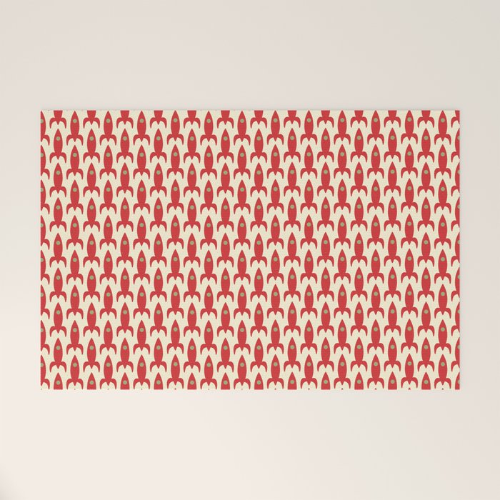 Little Rockets Retro Mid Mod Pattern in Red, Light Olive Green, and Cream Welcome Mat Gallery Image 1