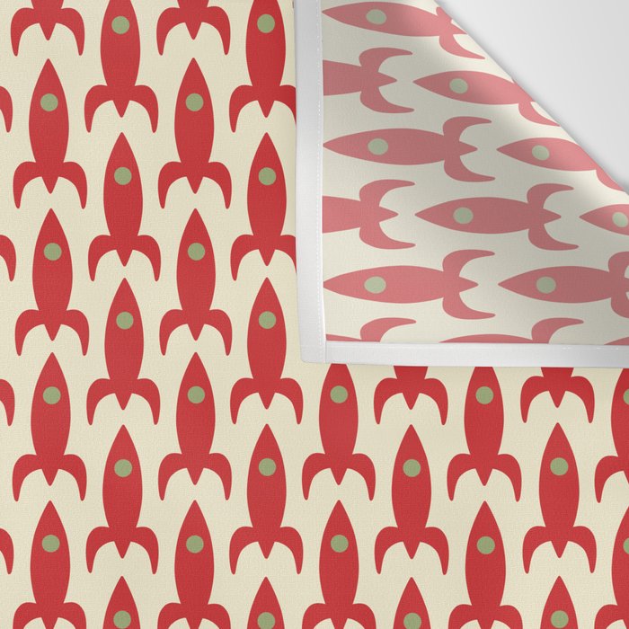 Little Rockets Retro Mid Mod Pattern in Red, Light Olive Green, and Cream Wall Tapestry Gallery Image 3