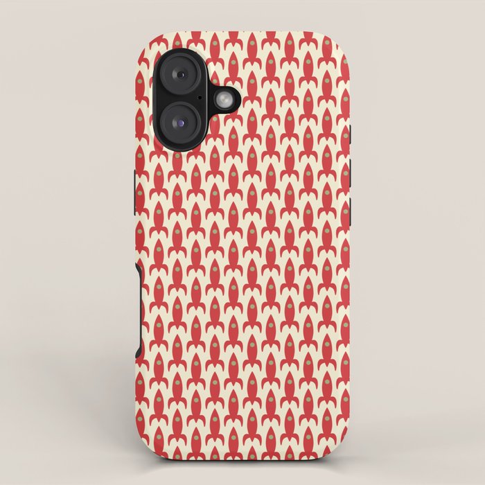 Little Rockets Retro Mid Mod Pattern in Red, Light Olive Green, and Cream iPhone Case Gallery Image 1