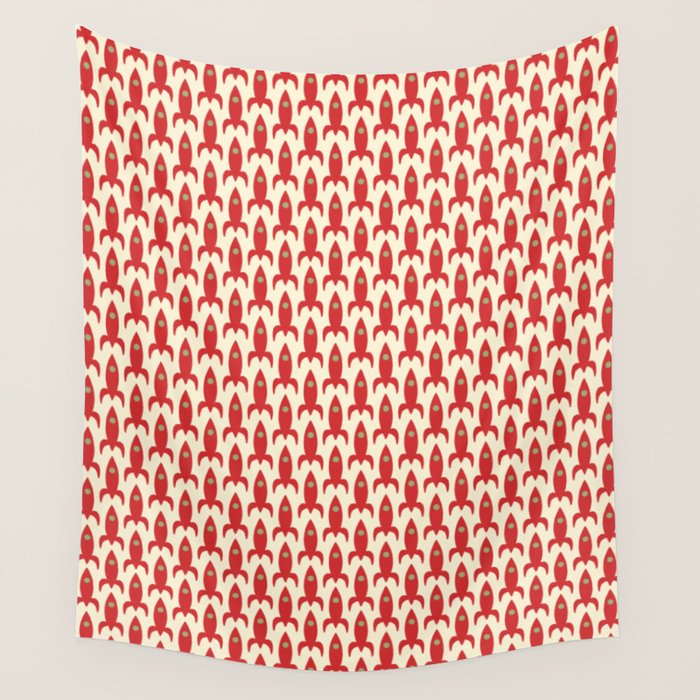 Little Rockets Retro Mid Mod Pattern in Red, Light Olive Green, and Cream Wall Tapestry Gallery Image 1