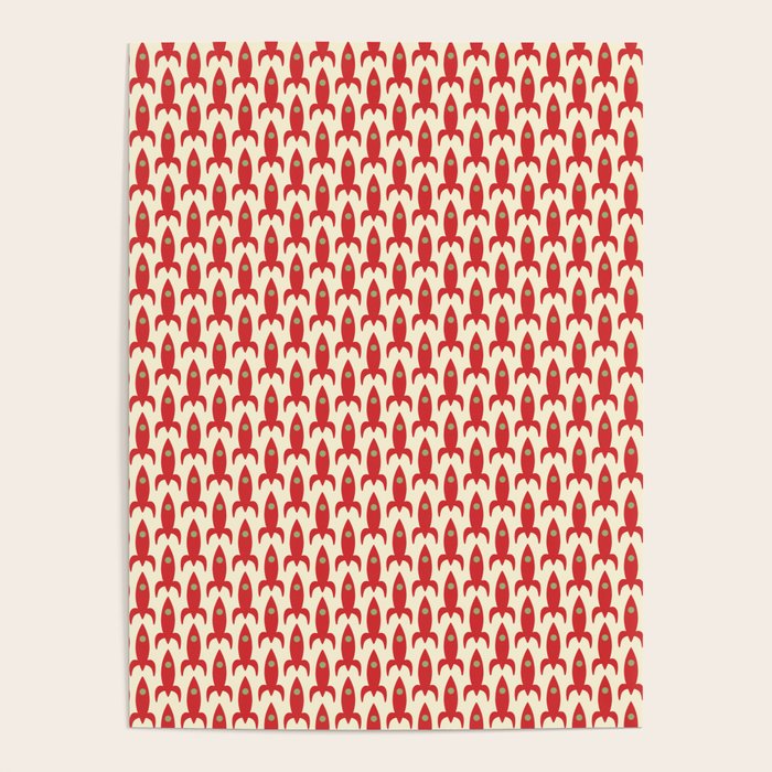 Little Rockets Retro Mid Mod Pattern in Red, Light Olive Green, and Cream Poster Gallery Image 1