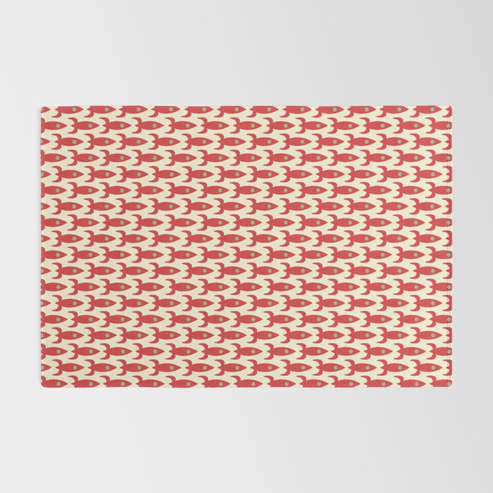 Little Rockets Retro Mid Mod Pattern in Red, Light Olive Green, and Cream Rug Gallery Image 2