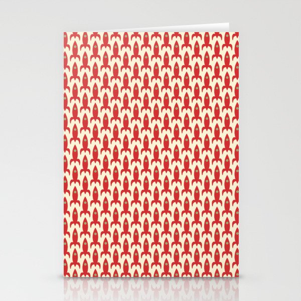 Little Rockets Retro Mid Mod Pattern in Red, Light Olive Green, and Cream Stationery Card Gallery Image 1