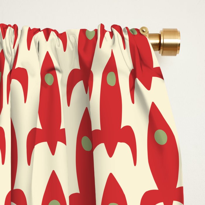 Little Rockets Retro Mid Mod Pattern in Red, Light Olive Green, and Cream Window Curtain Gallery Image 2