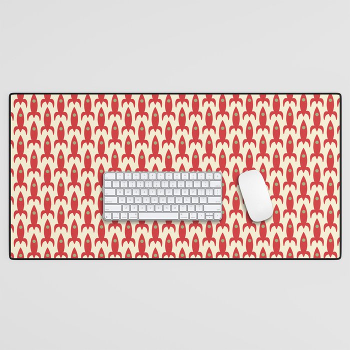 Little Rockets Retro Mid Mod Pattern in Red, Light Olive Green, and Cream Desk Mat Gallery Image 1