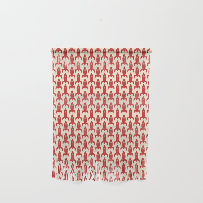 Little Rockets Retro Mid Mod Pattern in Red, Light Olive Green, and Cream Wall Hanging Gallery Image 1
