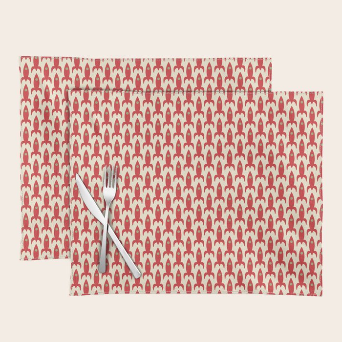 Little Rockets Retro Mid Mod Pattern in Red, Light Olive Green, and Cream Placemat Gallery Image 1