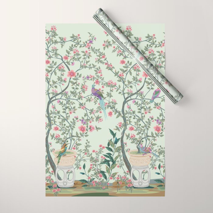 Chinoiserie Mint Green Pastel Fresco Floral Garden Birds Oriental Botanical Wrapping Paper Gallery Image 1