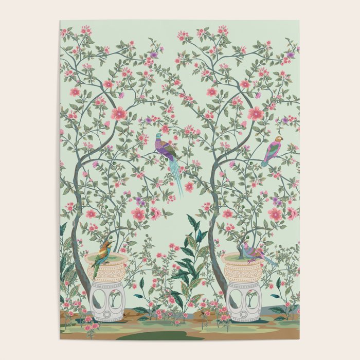Chinoiserie Mint Green Pastel Fresco Floral Garden Birds Oriental Botanical Poster Gallery Image 4