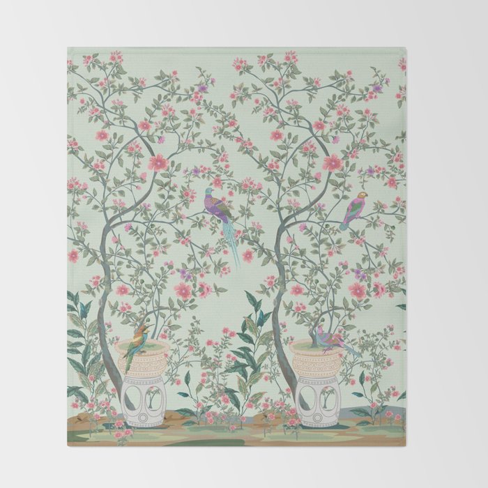 Chinoiserie Mint Green Pastel Fresco Floral Garden Birds Oriental Botanical Throw Blanket Gallery Image 2