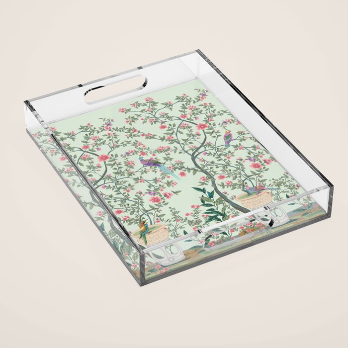 Chinoiserie Mint Green Pastel Fresco Floral Garden Birds Oriental Botanical Acrylic Tray Gallery Image 1