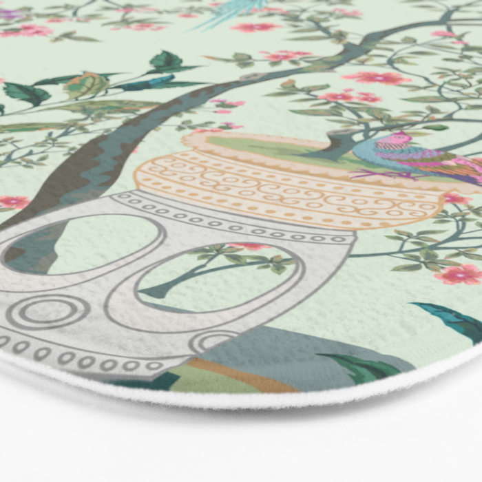 Chinoiserie Mint Green Pastel Fresco Floral Garden Birds Oriental Botanical Bath Mat Gallery Image 3