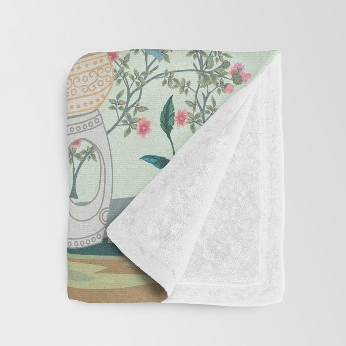 Chinoiserie Mint Green Pastel Fresco Floral Garden Birds Oriental Botanical Throw Blanket Gallery Image 3