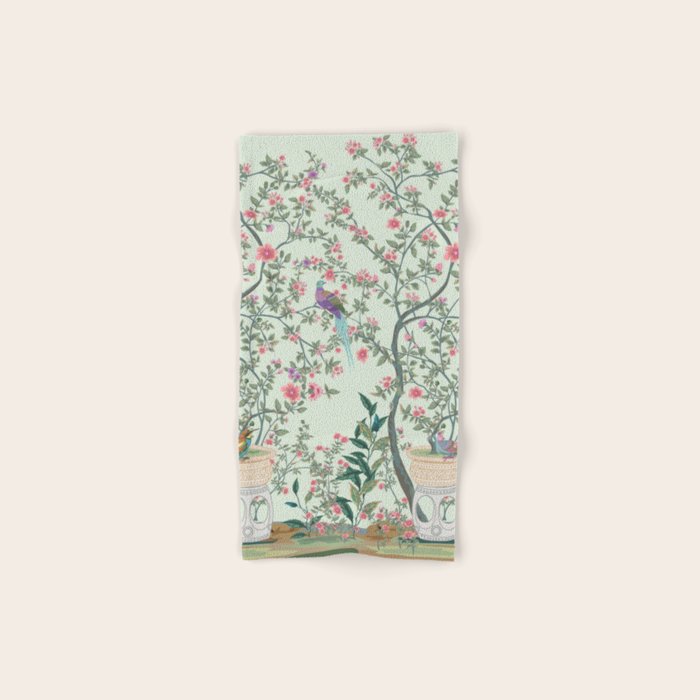 Chinoiserie Mint Green Pastel Fresco Floral Garden Birds Oriental Botanical Bath Towel Gallery Image 1