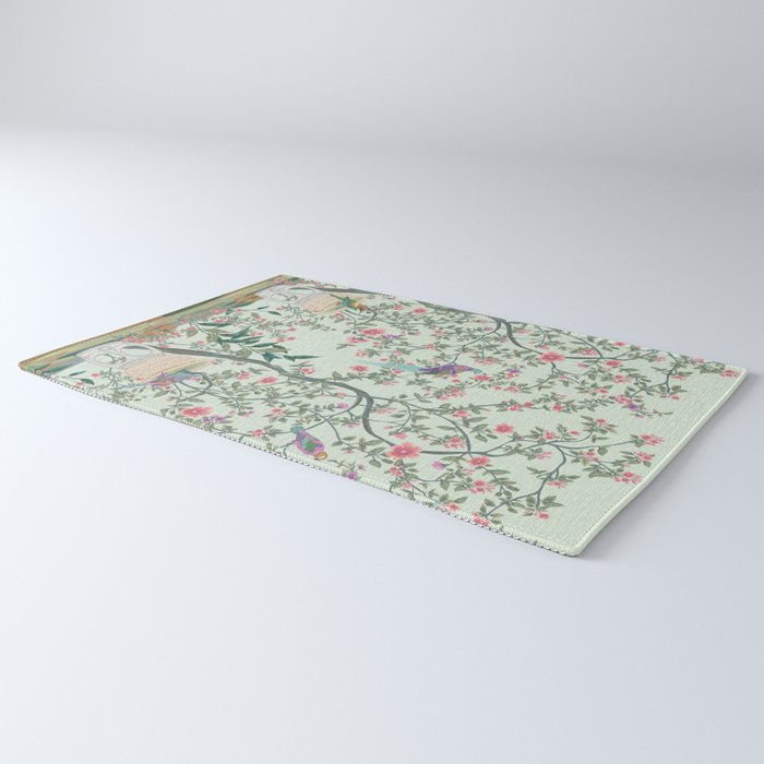 Chinoiserie Mint Green Pastel Fresco Floral Garden Birds Oriental Botanical Rug Gallery Image 3