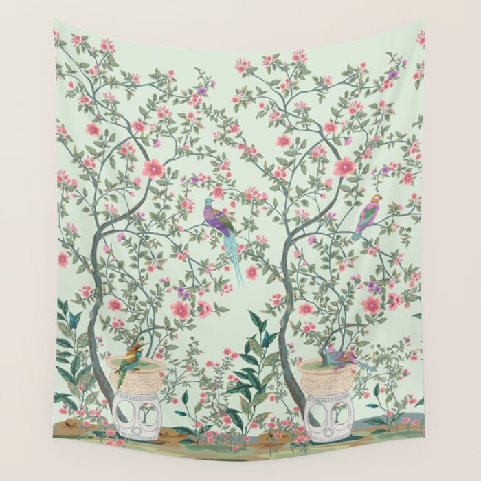 Chinoiserie Mint Green Pastel Fresco Floral Garden Birds Oriental Botanical Wall Tapestry Gallery Image 4