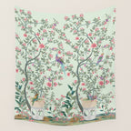 Chinoiserie Mint Green Pastel Fresco Floral Garden Birds Oriental Botanical Wall Tapestry Gallery Image 4
