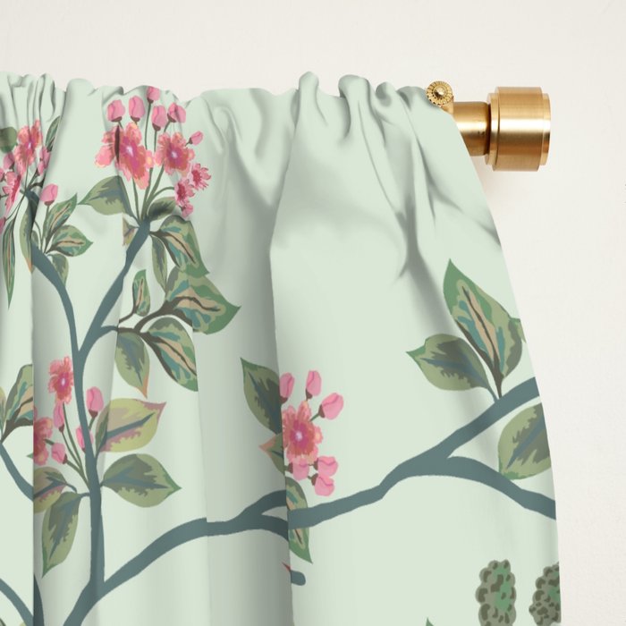 Chinoiserie Mint Green Pastel Fresco Floral Garden Birds Oriental Botanical Window Curtain Gallery Image 2