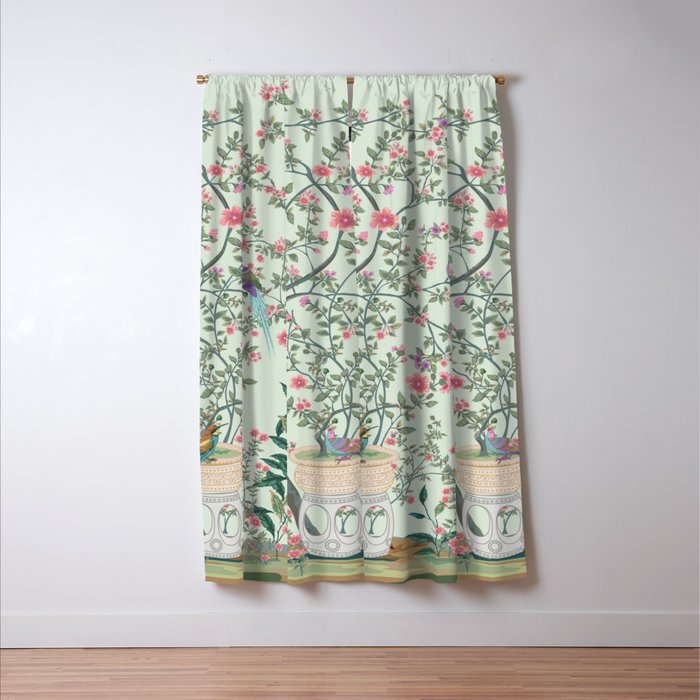 Chinoiserie Mint Green Pastel Fresco Floral Garden Birds Oriental Botanical Window Curtain Gallery Image 3