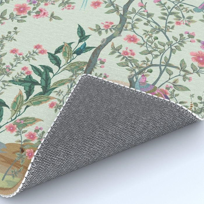 Chinoiserie Mint Green Pastel Fresco Floral Garden Birds Oriental Botanical Rug Gallery Image 4